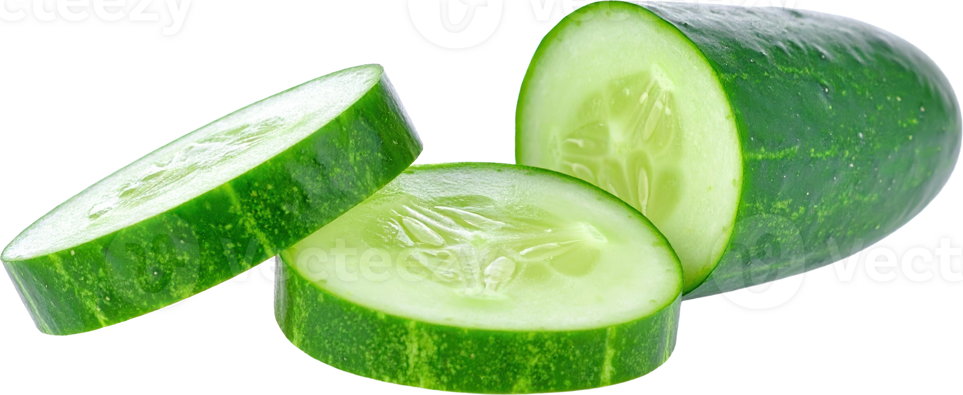 Vibrant Green Cucumber One Half And Two Crisp Slices Isolated On A Transparent Background png