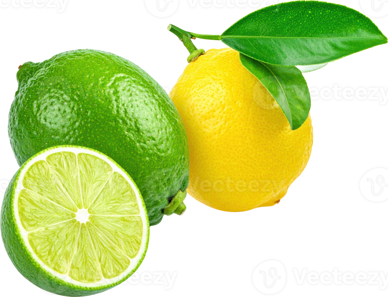 Whole lime lime slice and lemon with leaves isolated citrus fruit green png