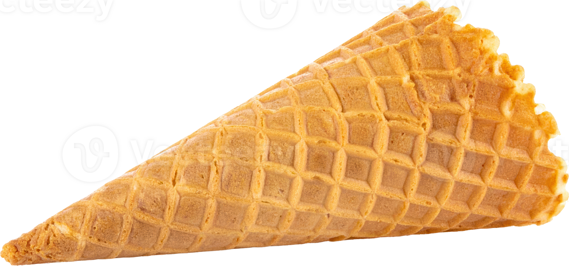 A golden brown waffle ice cream cone with a crispy textured surface isolated on black png