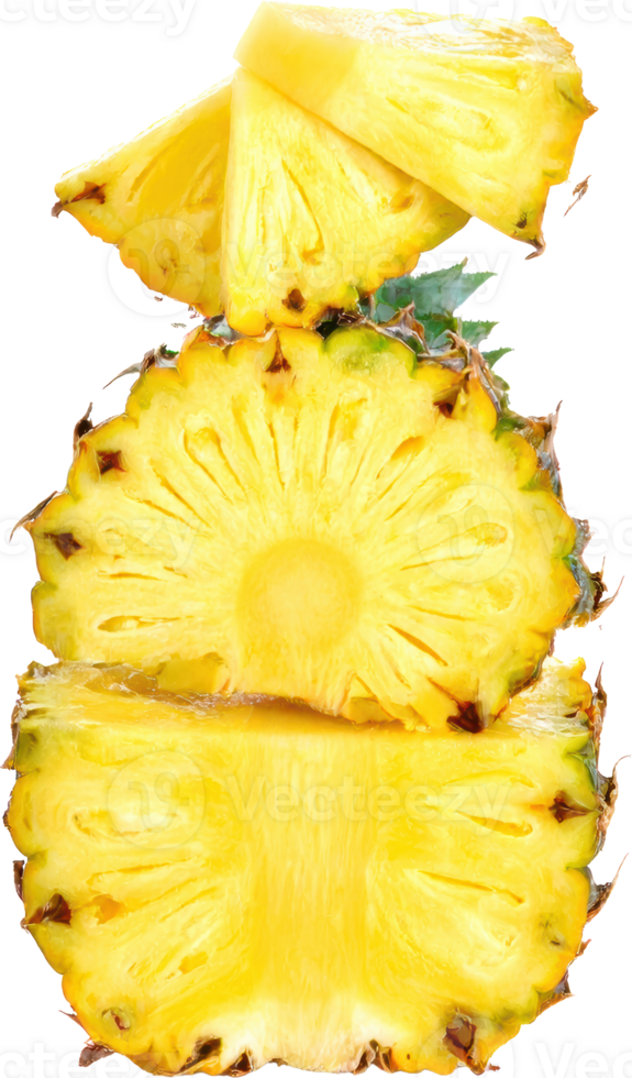Sliced pineapple pieces stacked showing juicy yellow flesh and textured rind isolate png