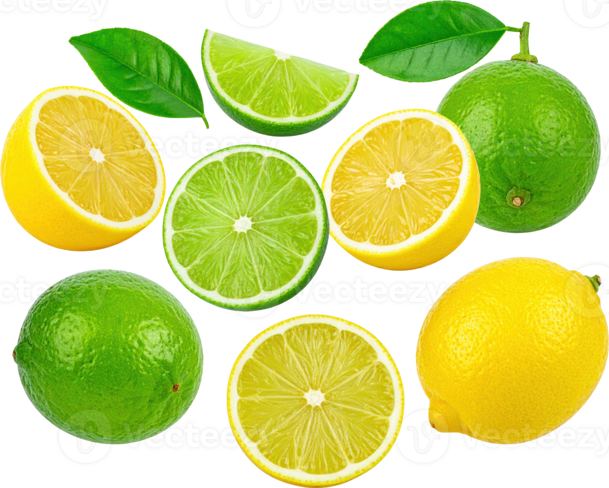 Lemons and limes cut and whole with leaves Isolate citrus fruit yellow png