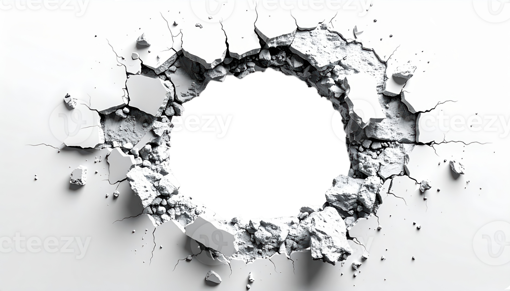 A circular hole with jagged edges ripped through a white wall surrounded by cracks and debris png