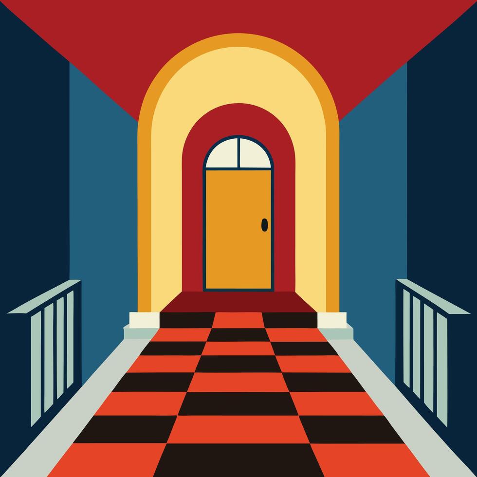 an illustration of a hallway with a door and a checkered floor vector