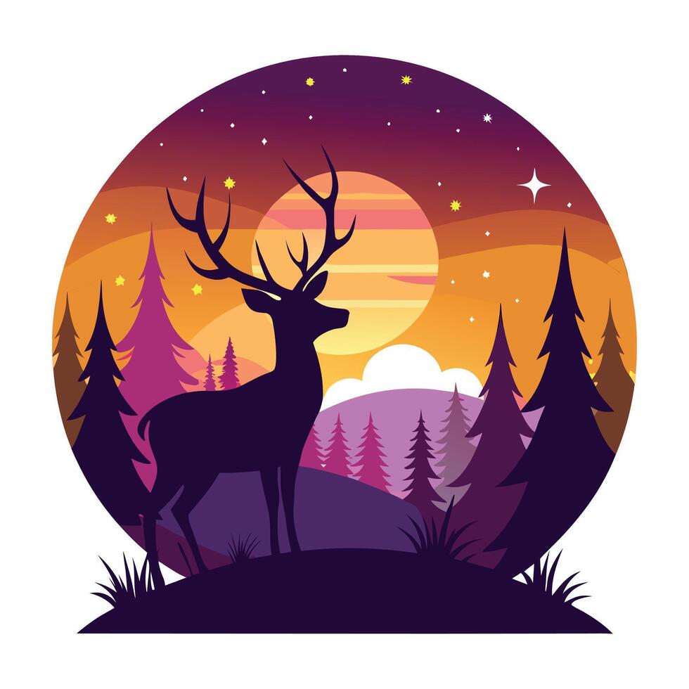 deer silhouette in the forest at sunset vector