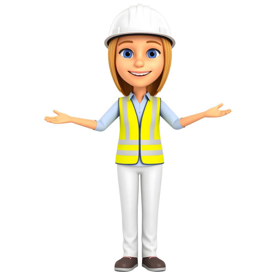 Smiling standing Cartoon white woman character engineering Construction worker and hand gestures, green reflective clothing and helmet for the safety of the work operation 3D Icon. png