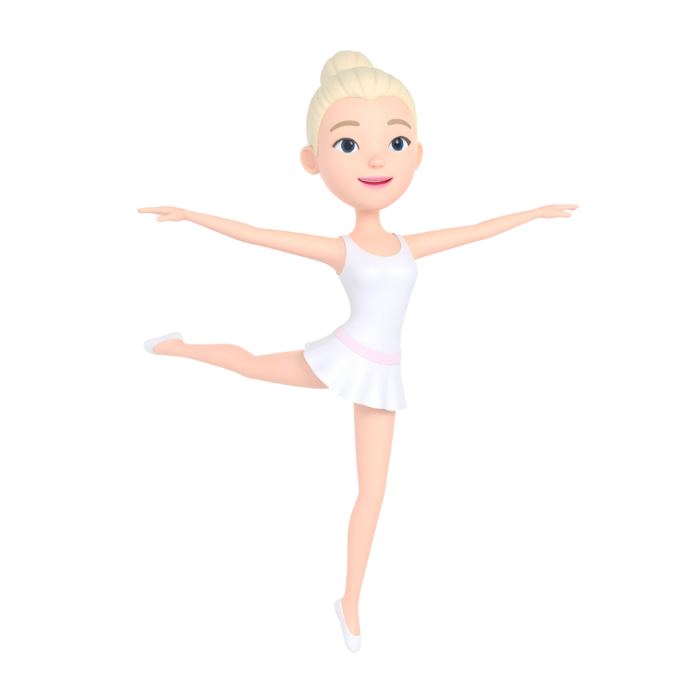 Smiling cartoon white beautiful blonde hair female ballet dancer character and hand gestures 3D Icon png