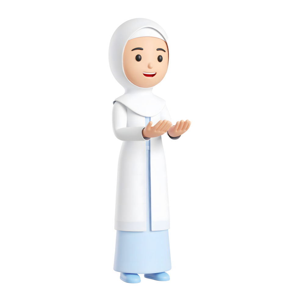 Smiling cartoon Muslim woman in prayer character and hand gestures 3D Icon png