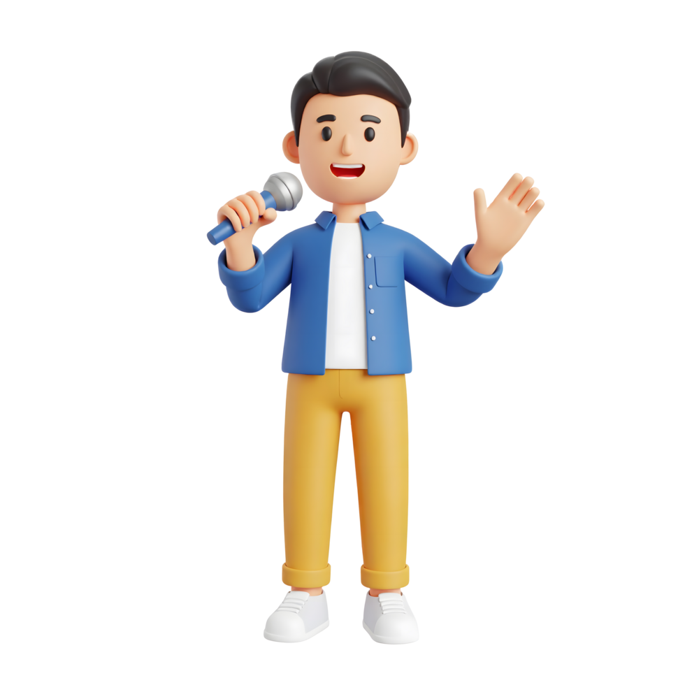 Smiling cartoon handsome man reporter holding microphone character and hand gestures 3D Icon png