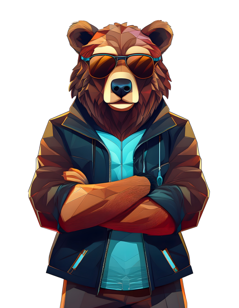 A cartoon characters of brown bear in a black jacket and sunglasses stands with his arms crossed png