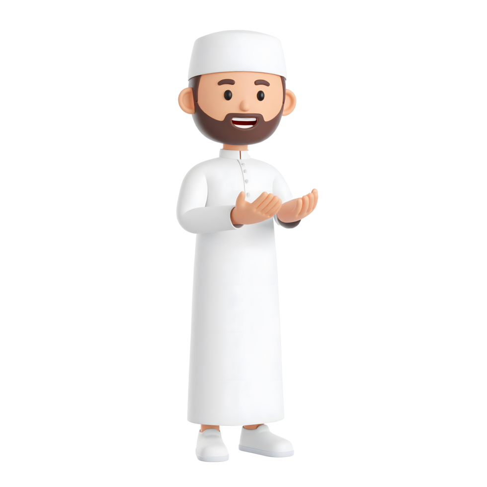 Smiling cartoon Muslim man in prayer character and hand gestures 3D Icon png