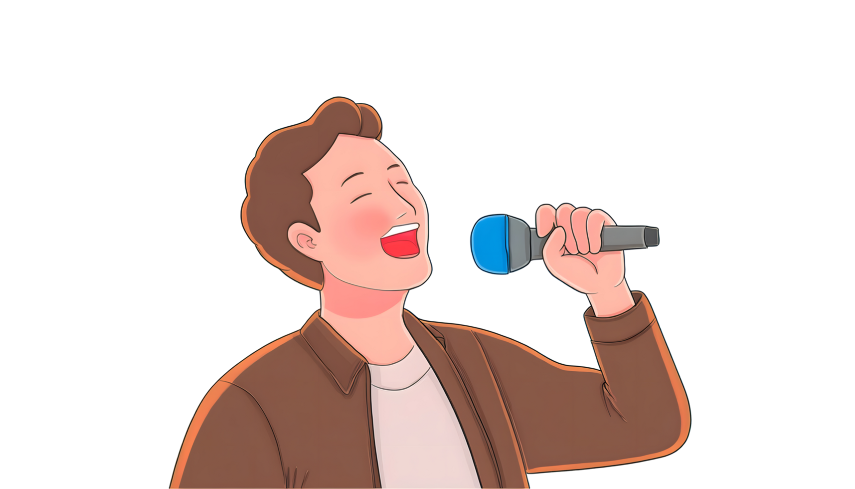 Smiling cartoon handsome male singer holding microphone character and hand gestures png