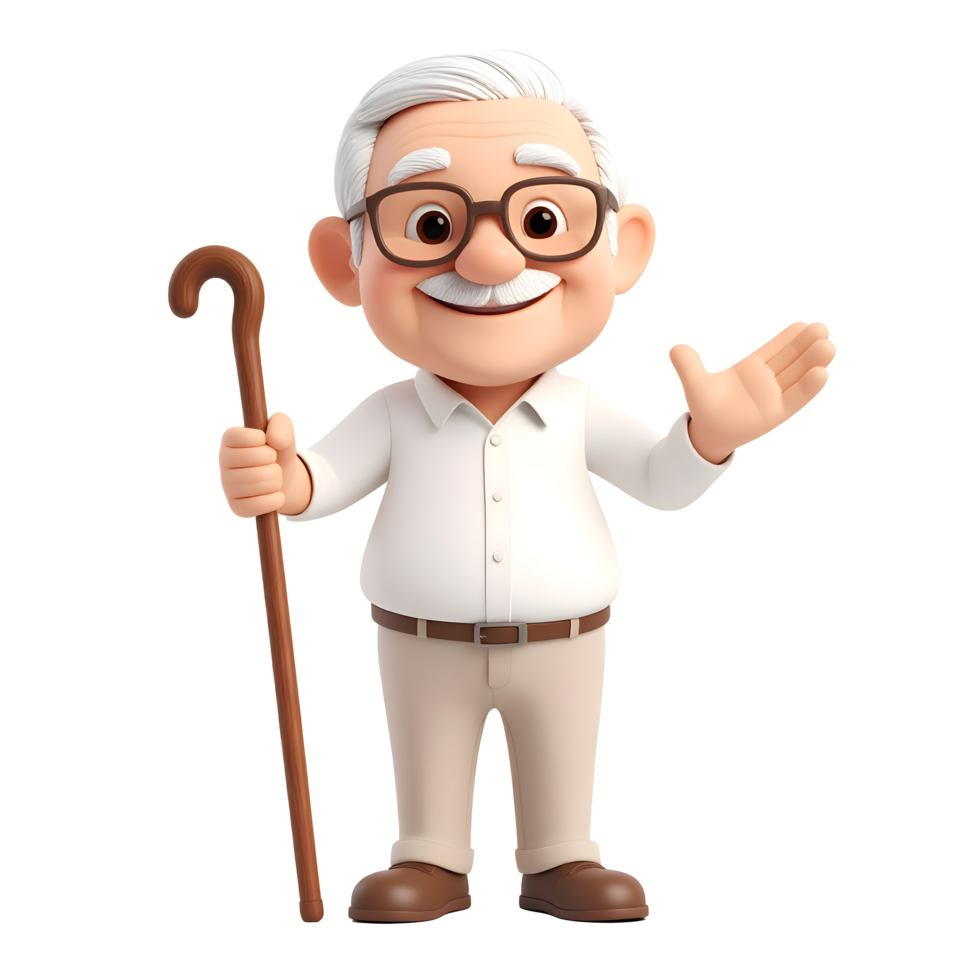 Smiling cartoon Elderly man with Cane stick character and hand gestures 3D Icon png