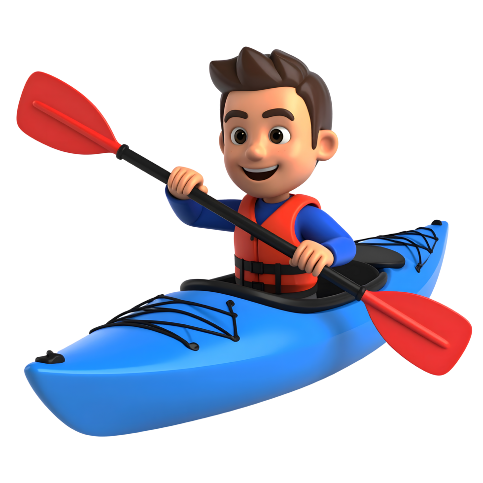 Smiling cartoon man Kayaking in blue boat 3D Icon png