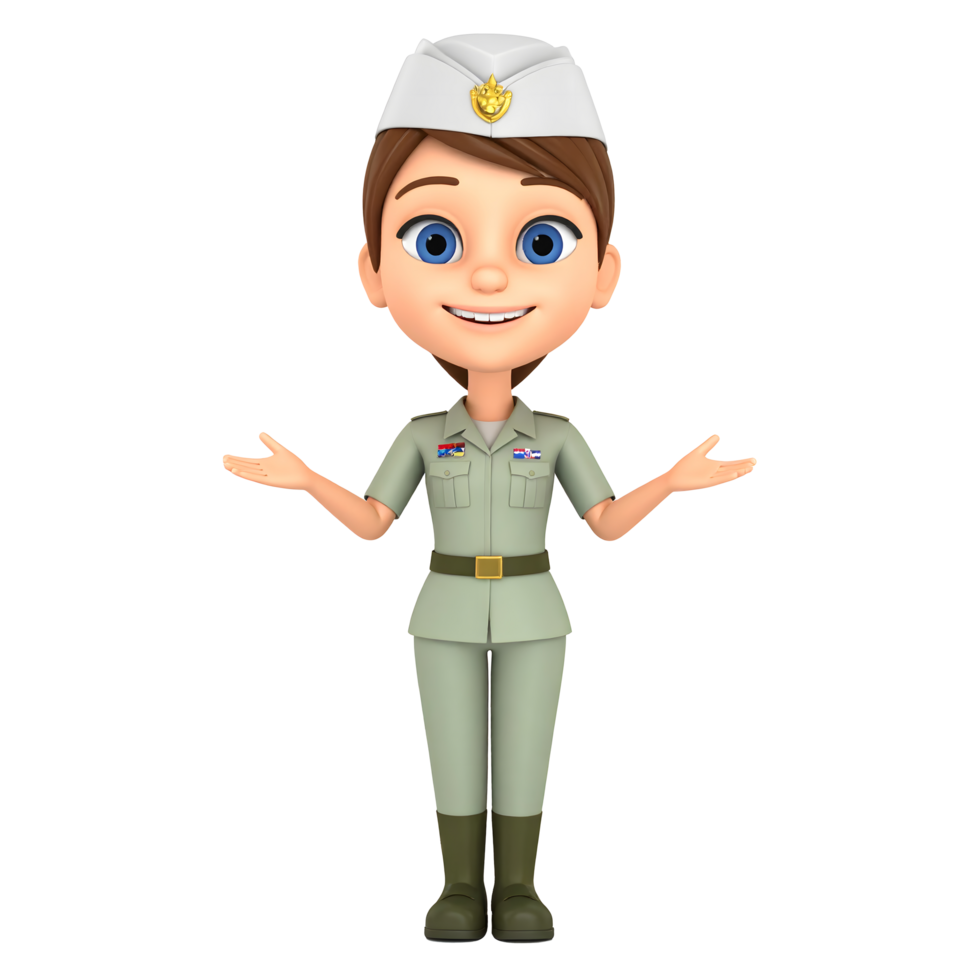Smiling cartoon female military officer uniform character and hand gestures 3D Icon png