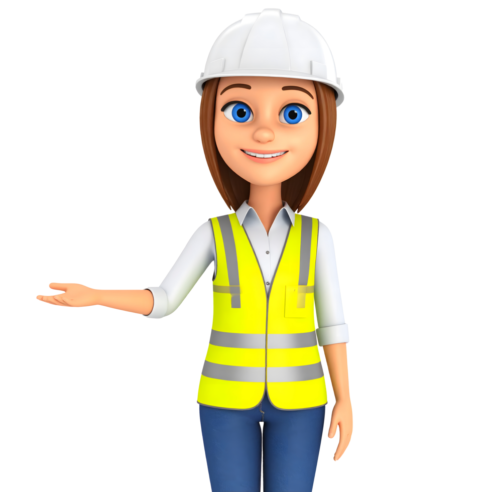 Smiling Cartoon white woman character engineering Construction worker and hand gestures, green reflective clothing and helmet for the safety of the work operation 3D Icon. png