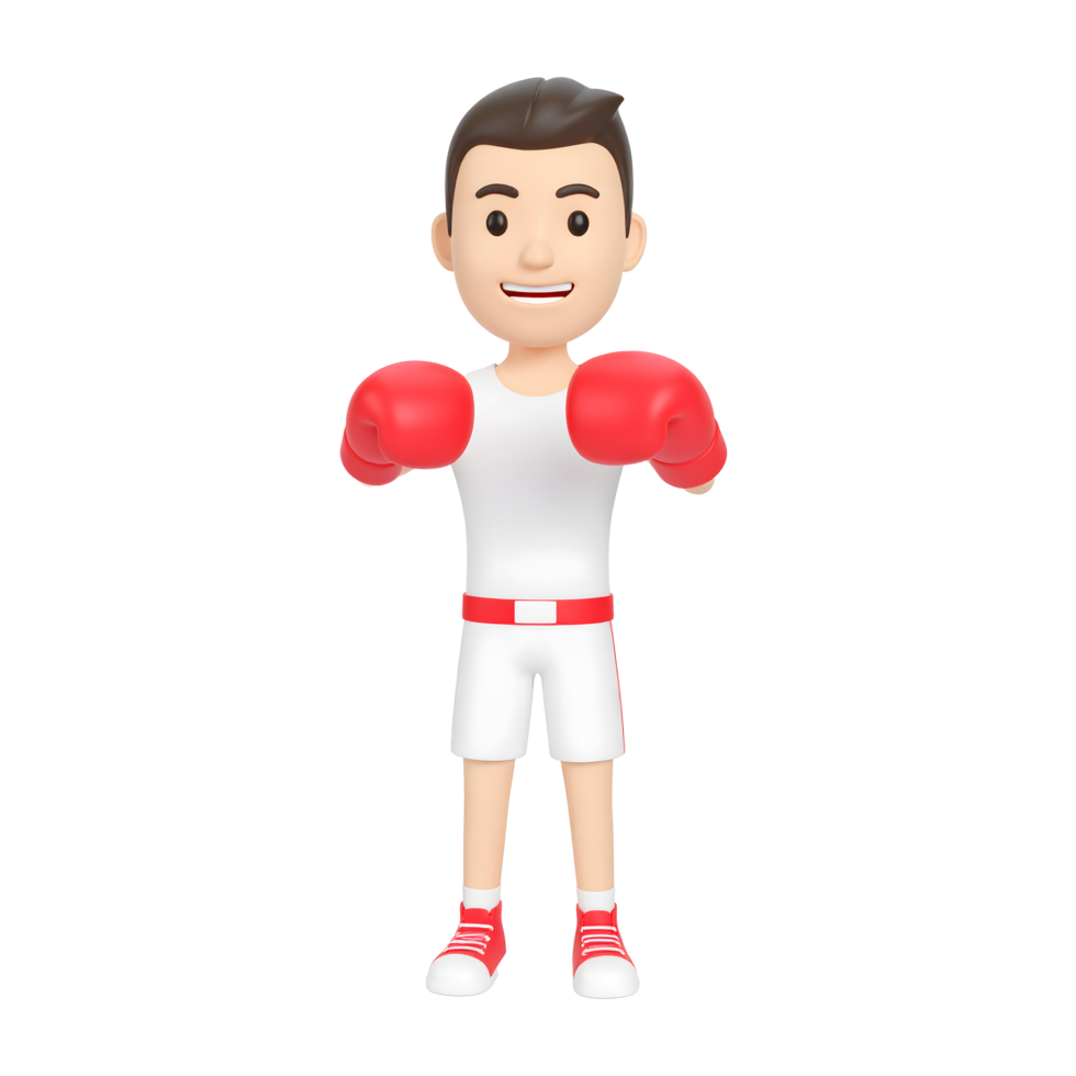 Smiling cartoon handsome male boxer with red Boxing gloves character 3D Icon png