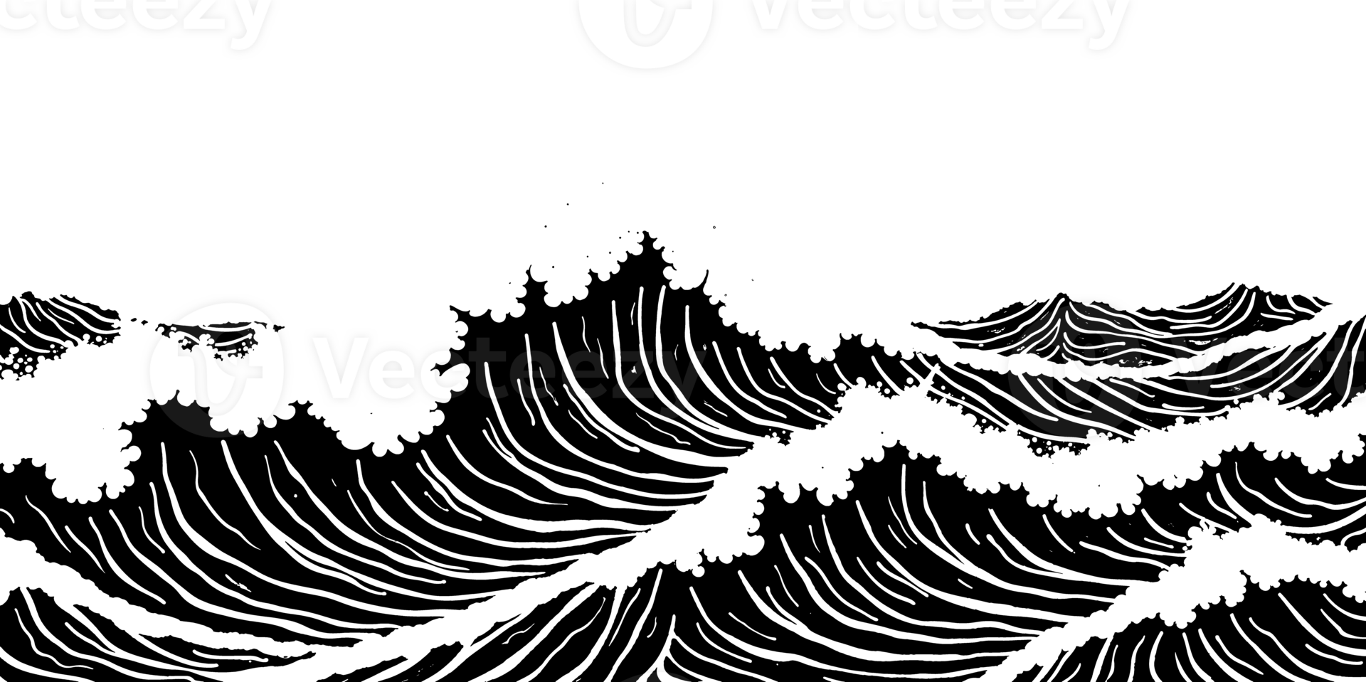 Linocut style sea wave illustration, transparent background png