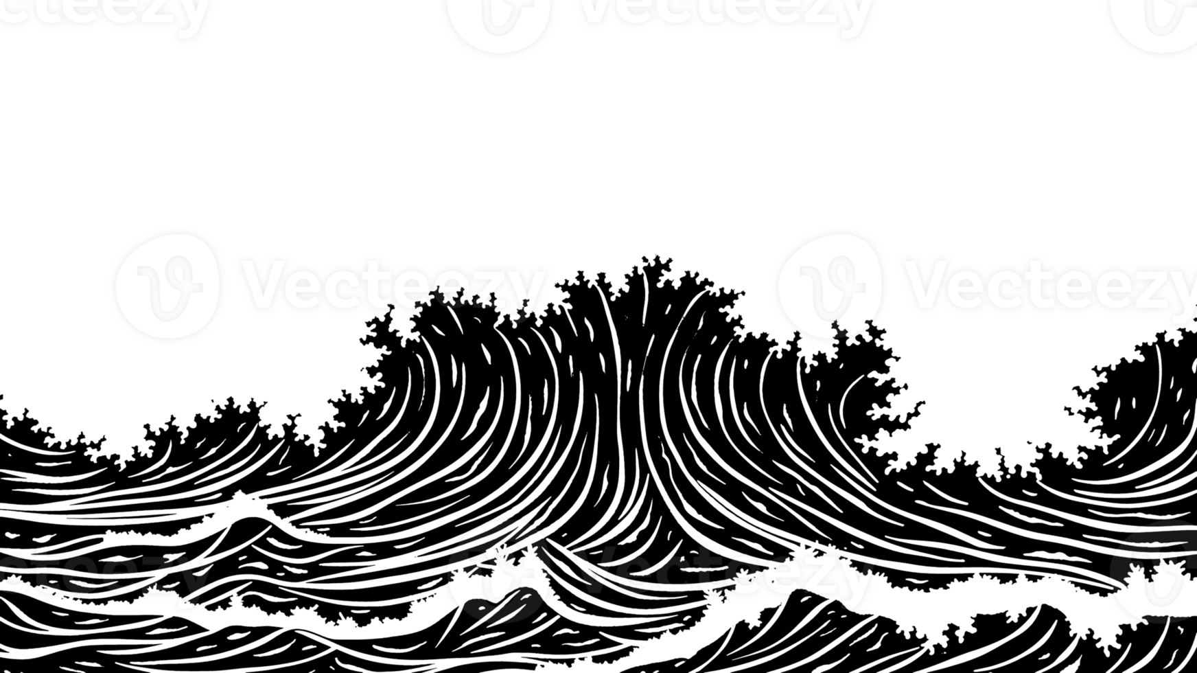 Big ocean wave linocut style with transparent background png
