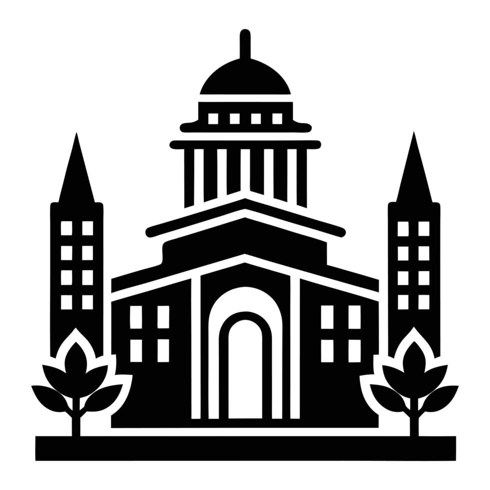 a black and white illustration of a building with a clock tower vector