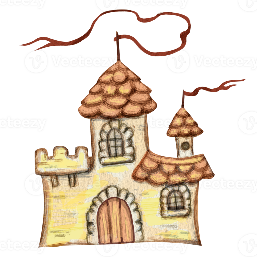 Yellow cartoon castle on white background. Simple children's hand drawn clip art. Watercolor illustrations for children's products. Books, stationery, stickers, toys, clothes, magazines, etc. png