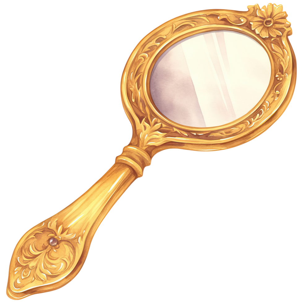 An ornate golden hand mirror featuring intricate floral designs and a circular reflective surface. png