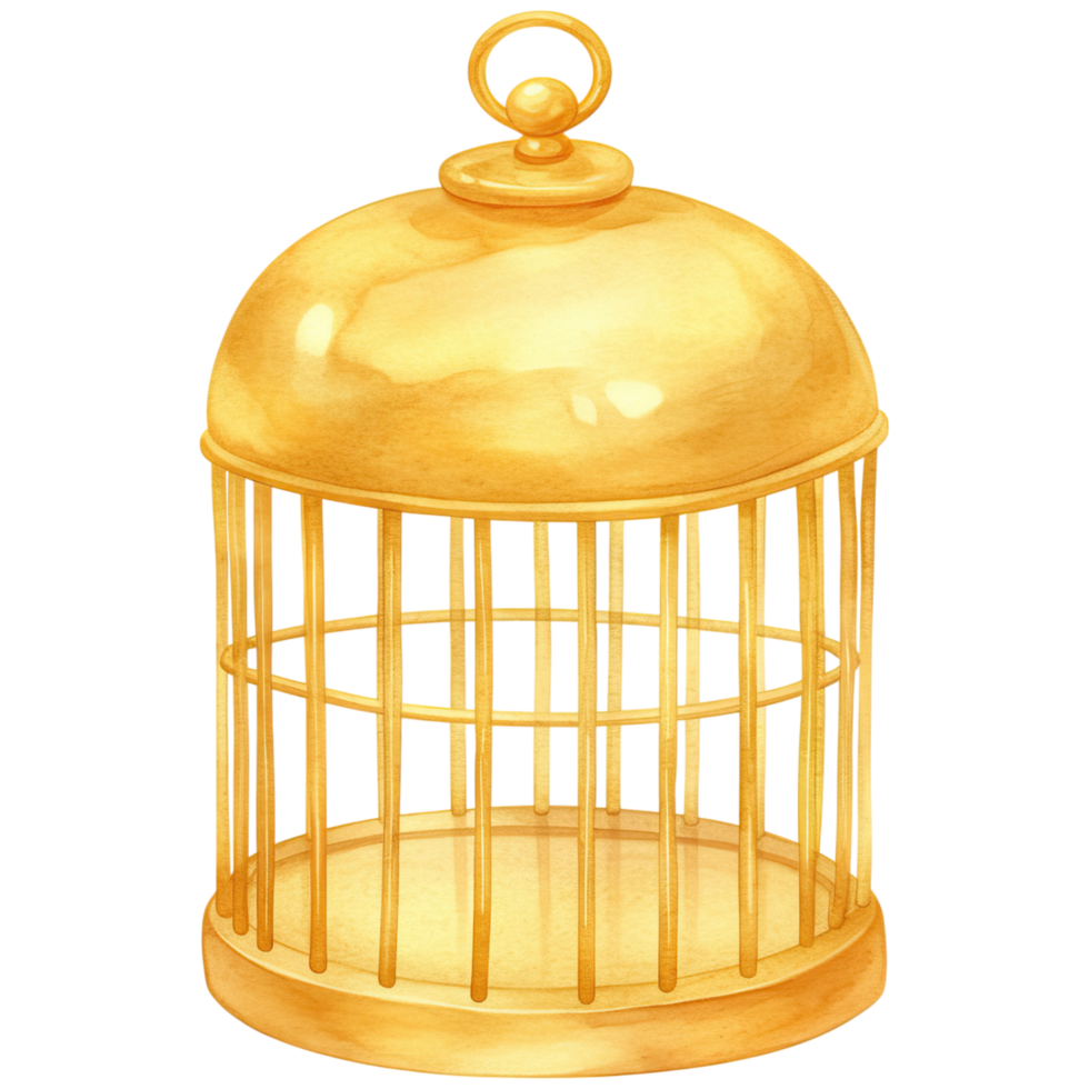 uma dourado gaiola com uma em forma de cúpula topo e vertical bares, apresentando uma circular lidar com em topo. png