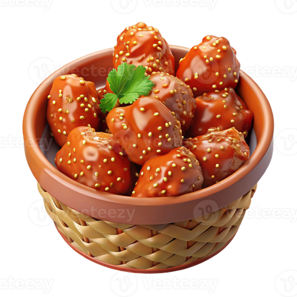 3D Cartoon Korean chicken pieces glazed in a spicy gochujang sauce png