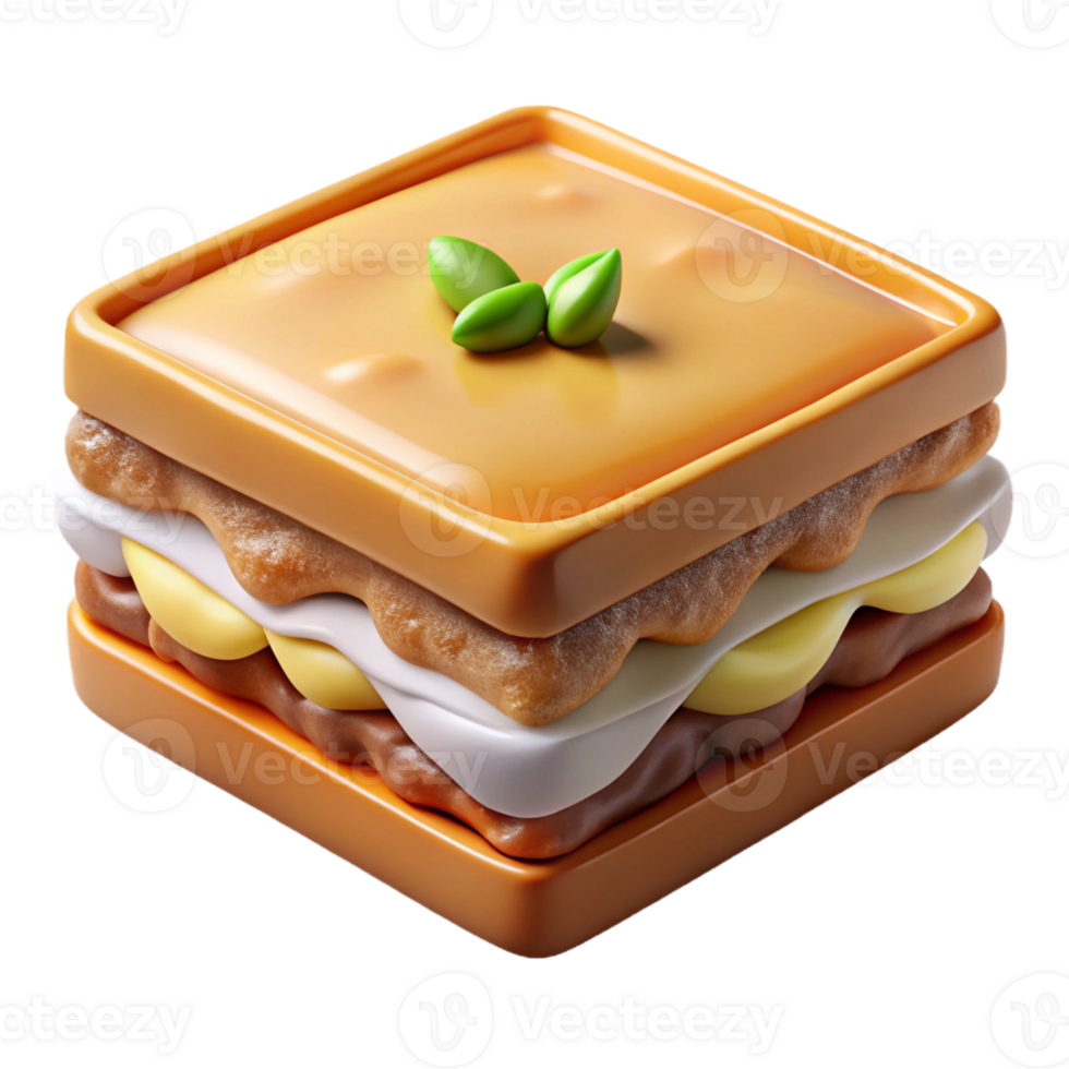 3D Cartoon a square slice of Greek Moussaka png