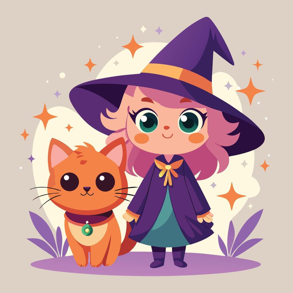 a cartoon witch and cat in halloween costume vector