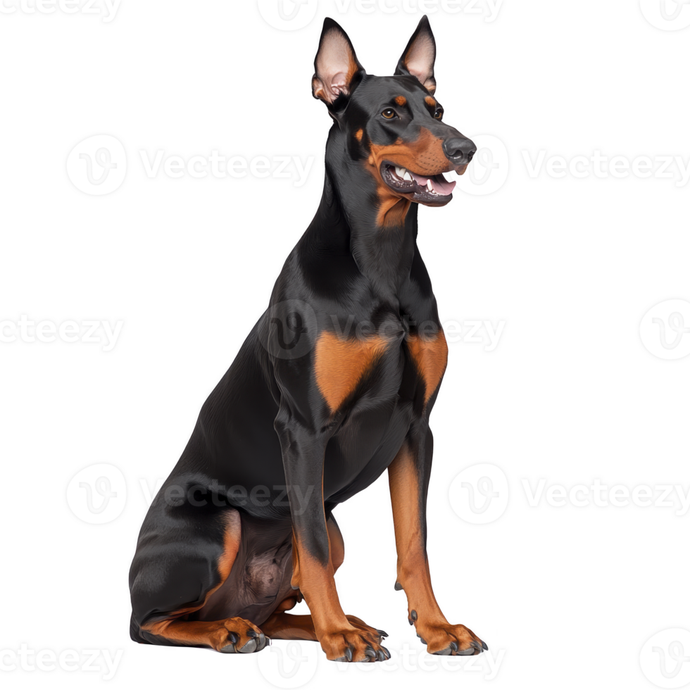 Doberman Pinscher sits attentively, showcasing its sleek black and tan coat and alert expression. dog muscular build and upright ears highlight its strong and intelligent nature png