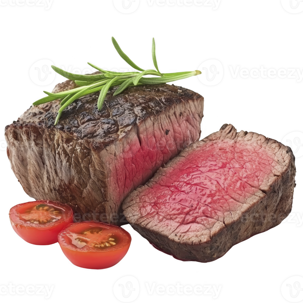 Juicy medium rare steak garnished with fresh rosemary and accompanied by sliced cherry tomatoes, showcasing delicious and appetizing meal png