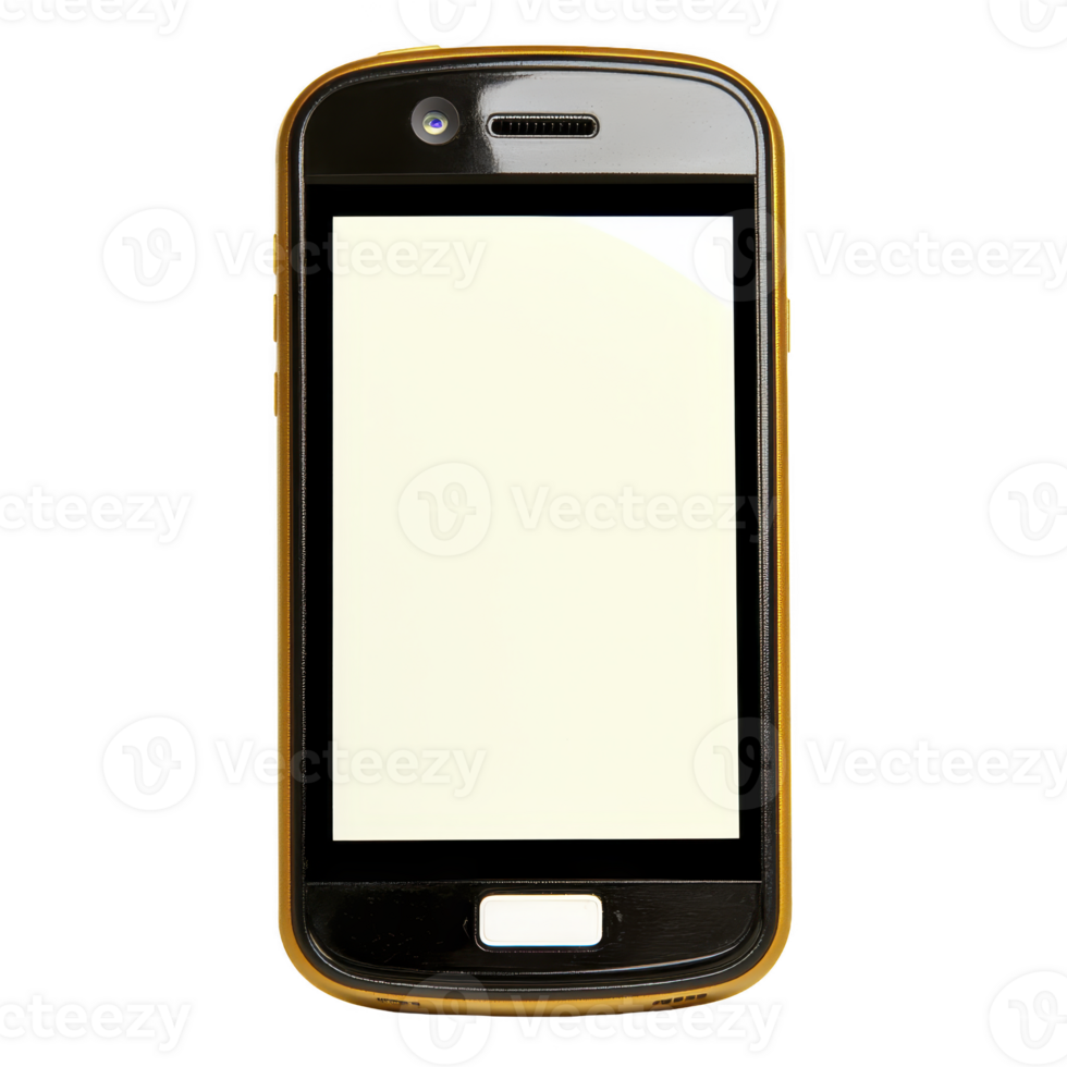 Black smartphone with blank screen and yellow case is shown. device features front camera and home button, highlighting its simple design png
