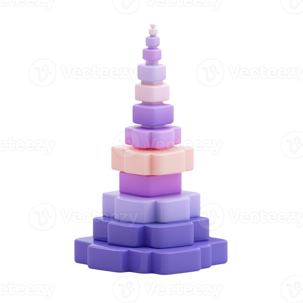 Colorful stack of geometric shapes forms tower, featuring various shades of purple and pink. design is modern and abstract, with playful and artistic feel png