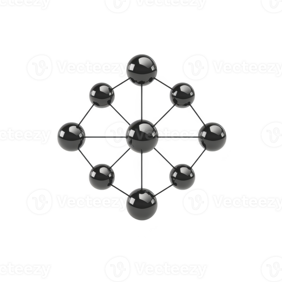 3D model of molecular structure with interconnected black spheres representing atoms, showcasing geometric and scientific design png