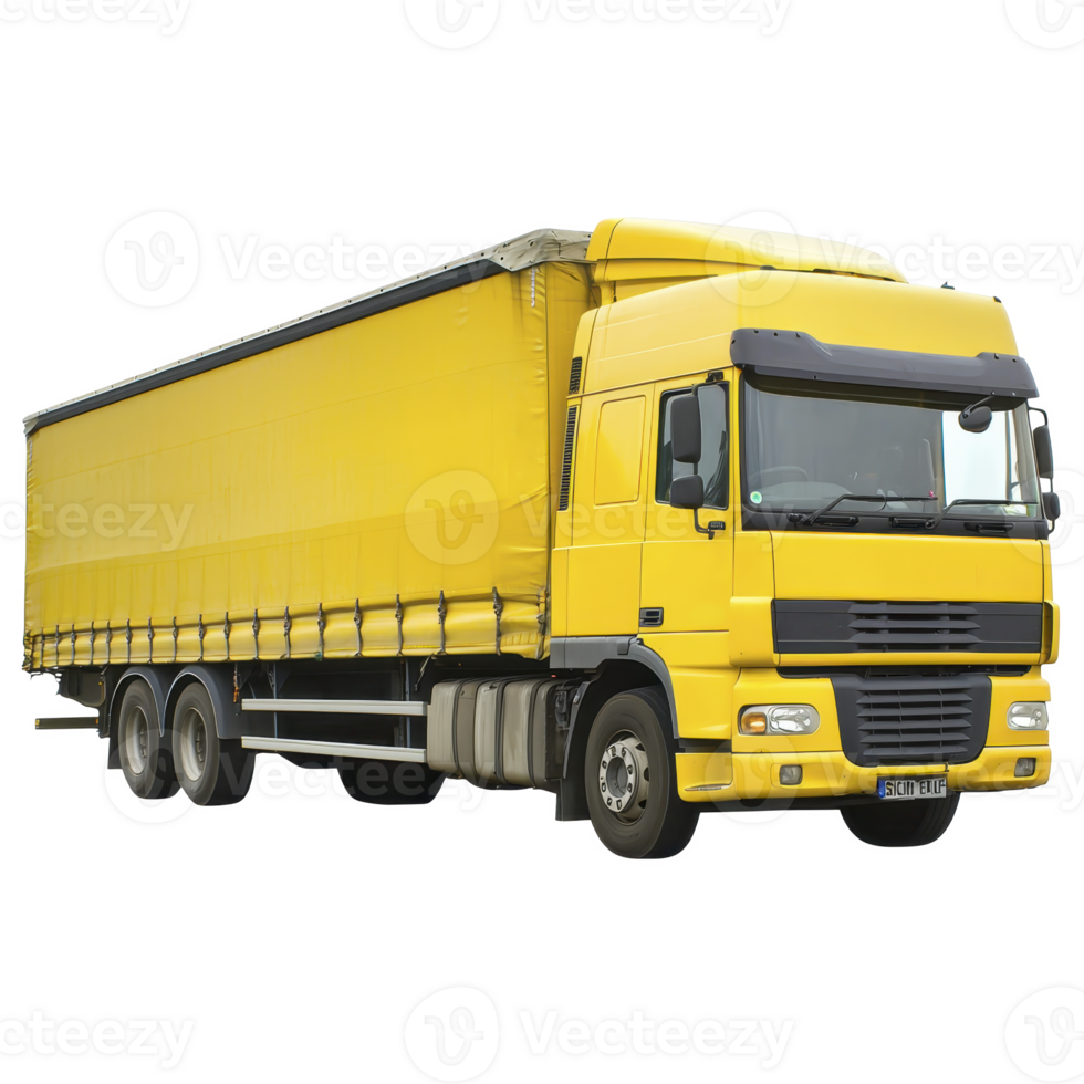 Large yellow cargo truck with covered trailer is shown, designed for transporting goods over long distances. vehicle features multiple wheels and spacious cabin, ideal for logistics and freight png