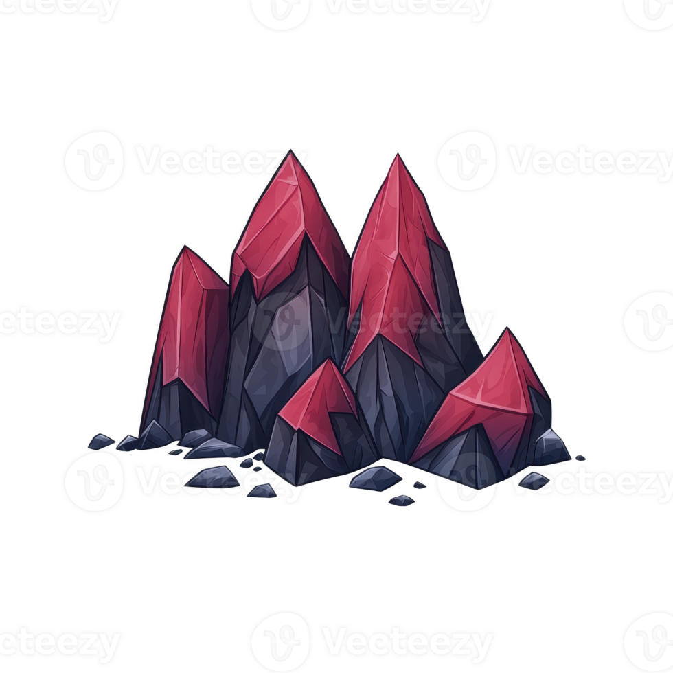 Cluster of stylized red and black crystals with sharp edges and glossy finish, resembling gemstones or minerals, set against transparent background png