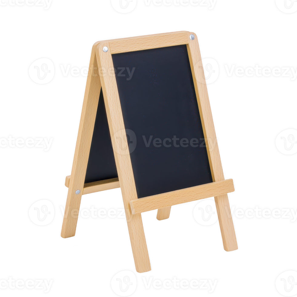 Wooden framed chalkboard easel stands upright, perfect for displaying messages or menus. Its simple design and black writing surface make it versatile for various settings png