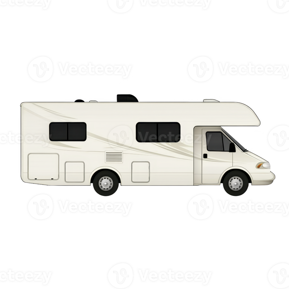 White motorhome with sleek design and tinted windows is shown in side view, highlighting its compact and modern features, ideal for travel and adventure enthusiasts png