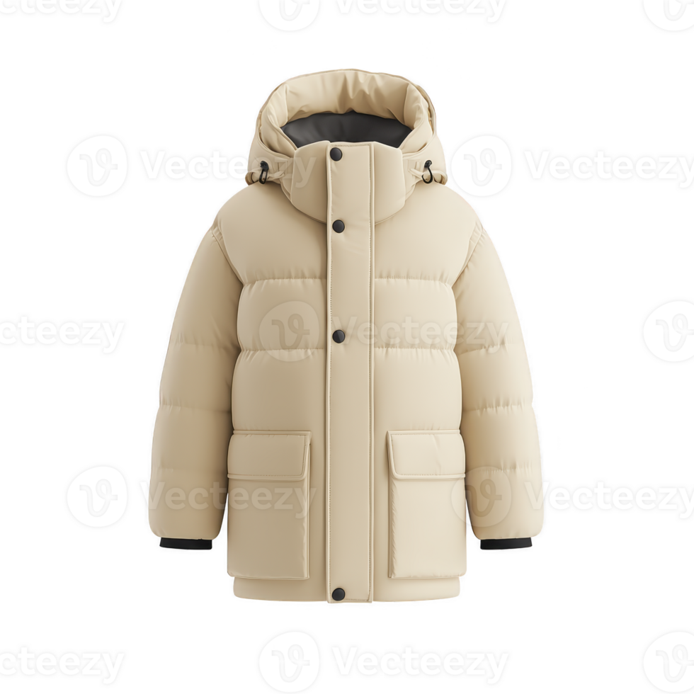 Beige puffer jacket with hood and front pockets, designed for warmth and comfort. jacket features quilted pattern and button closures, ideal for cold weather png