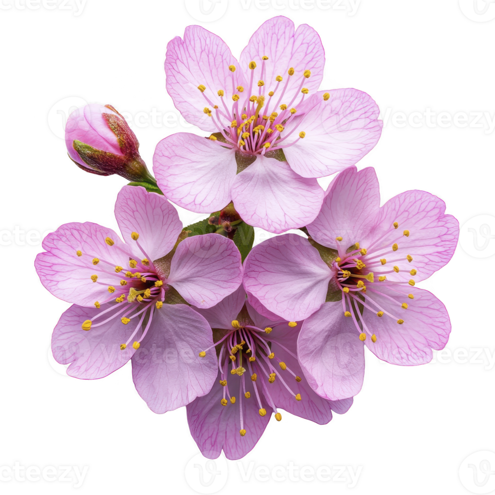 Pink cherry blossoms with delicate petals and yellow stamens are beautifully arranged, showcasing nature elegance and promise of spring. single bud hints at new beginnings png