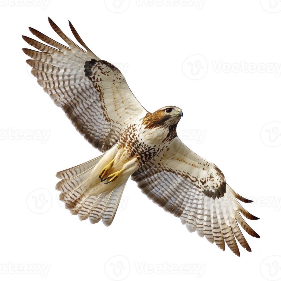Majestic hawk soars through sky with its wings fully spread, showcasing its impressive plumage and keen gaze. bird powerful presence is both graceful and commanding png