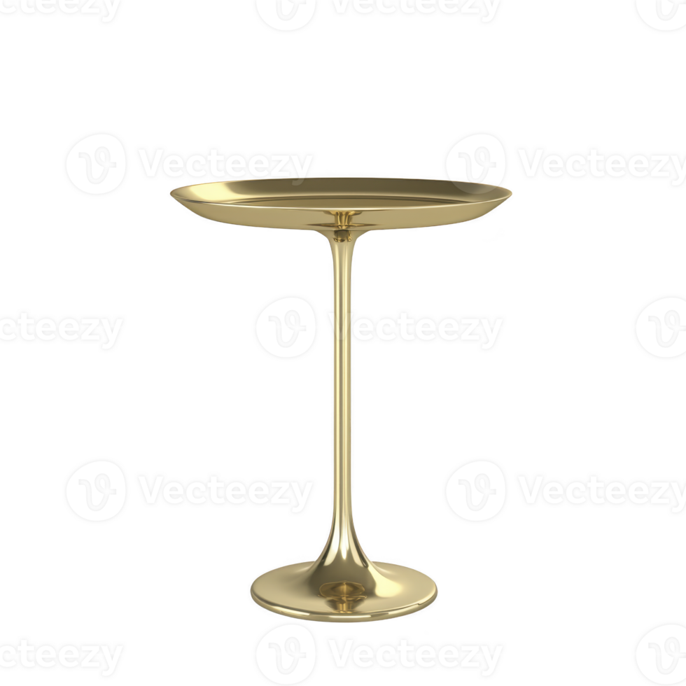 Sleek, modern gold pedestal table with round top and elegant base, perfect for contemporary interiors. shiny metallic finish adds touch of luxury and sophistication png
