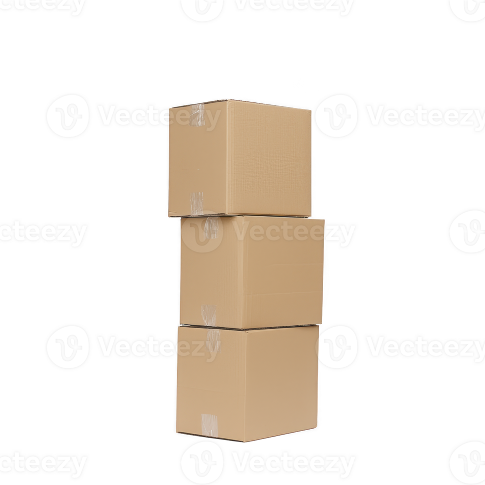 Three stacked cardboard boxes isolated on transparency background, perfect for concepts related to shipping, moving, or storage. boxes are plain and sealed with tape png