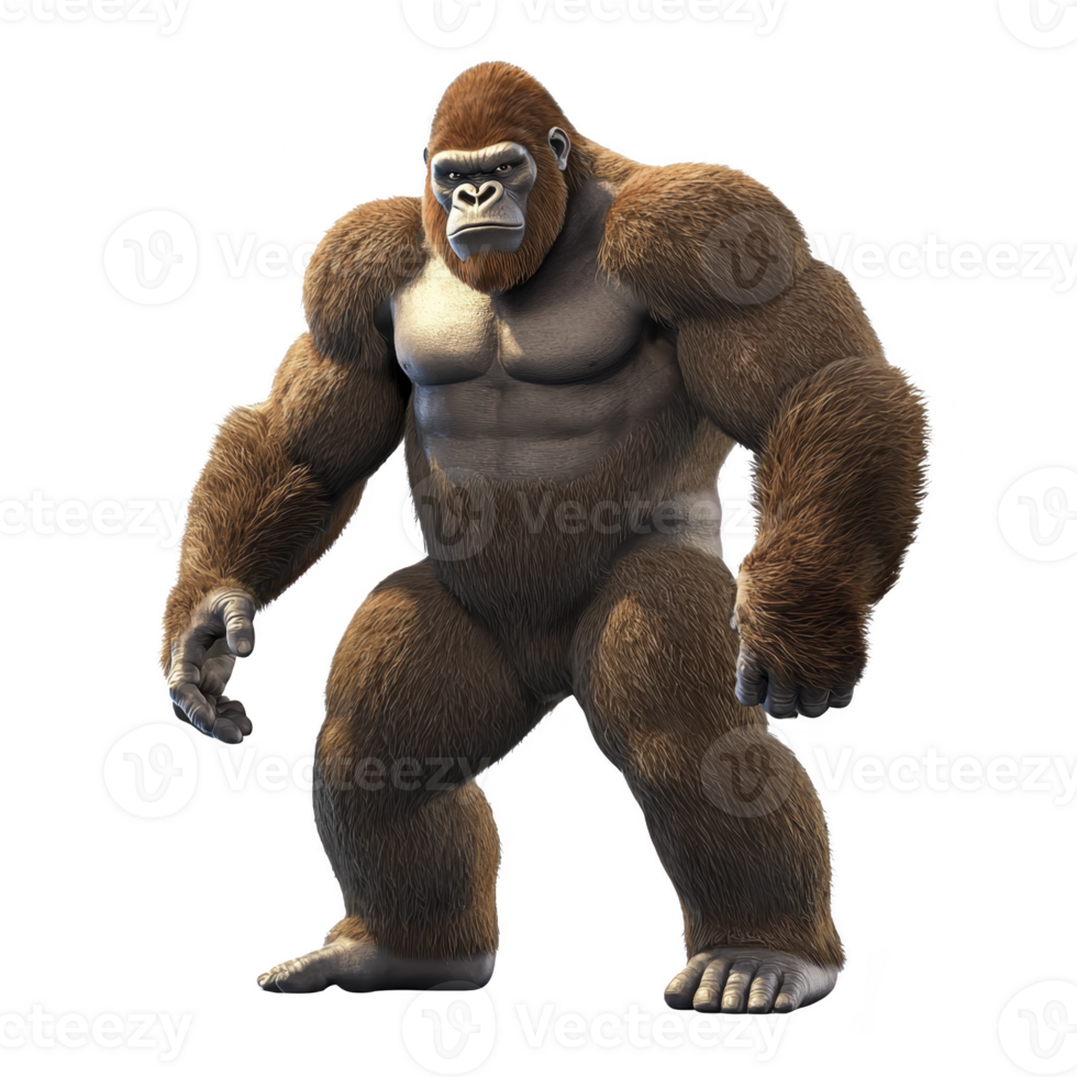Powerful, animated gorilla stands upright, showcasing its muscular build and thick brown fur. expression is intense, highlighting its strength and presence png