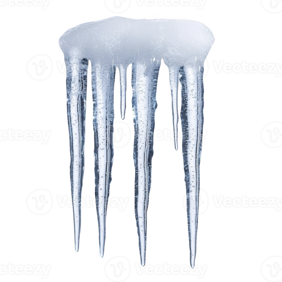 Cluster of long, transparent icicles hanging down, showcasing their sharp, pointed tips and smooth, glossy surfaces. icicles glisten with frosty sheen, evoking chilly winter atmosphere png