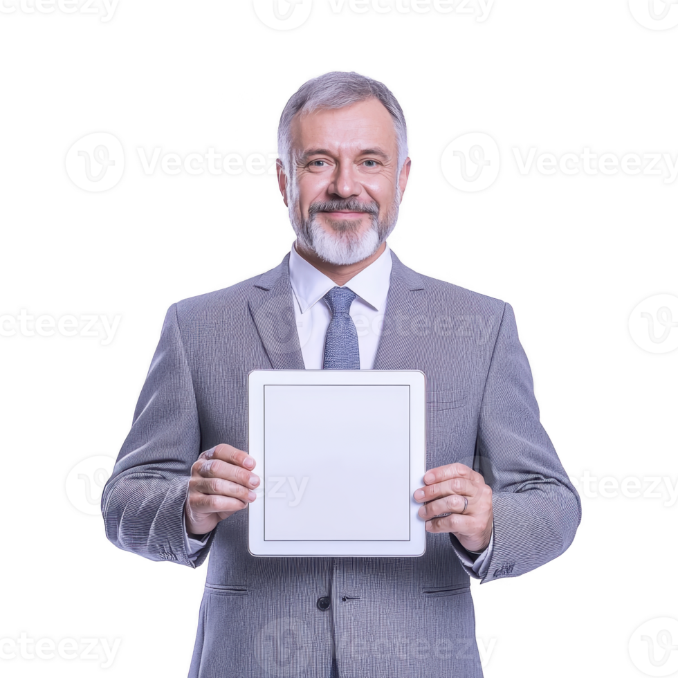 Mature man in suit holds blank tablet, smiling confidently against plain background. image conveys professionalism and technology png