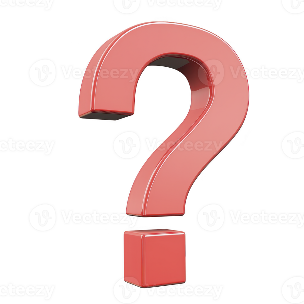Large, glossy red question mark stands upright against transparent background, symbolizing inquiry and curiosity. 3D design adds depth and modern touch png
