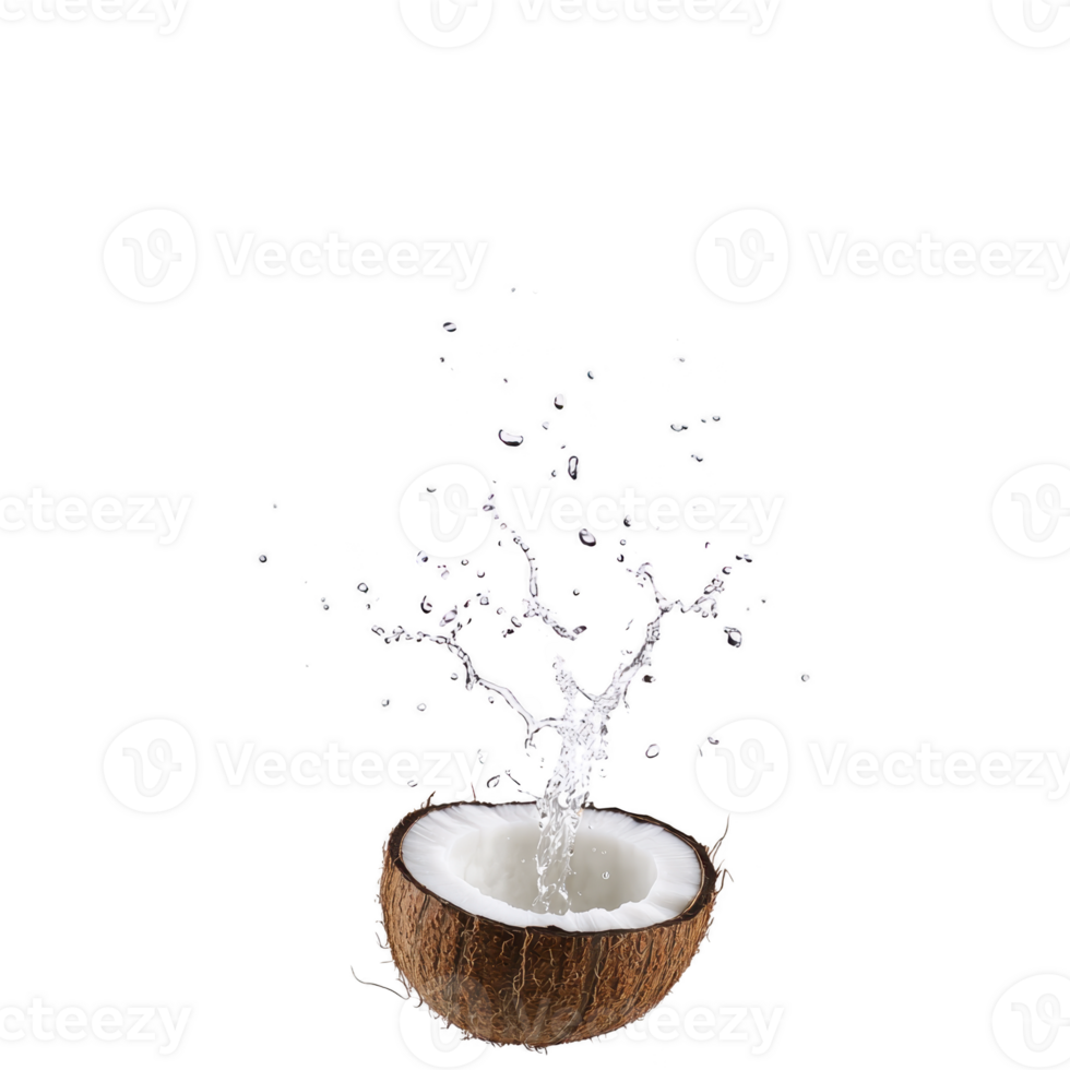 Coconut half with splashing milk or water creates refreshing and tropical vibe. image captures dynamic motion of liquid, emphasizing freshness and natural elements png