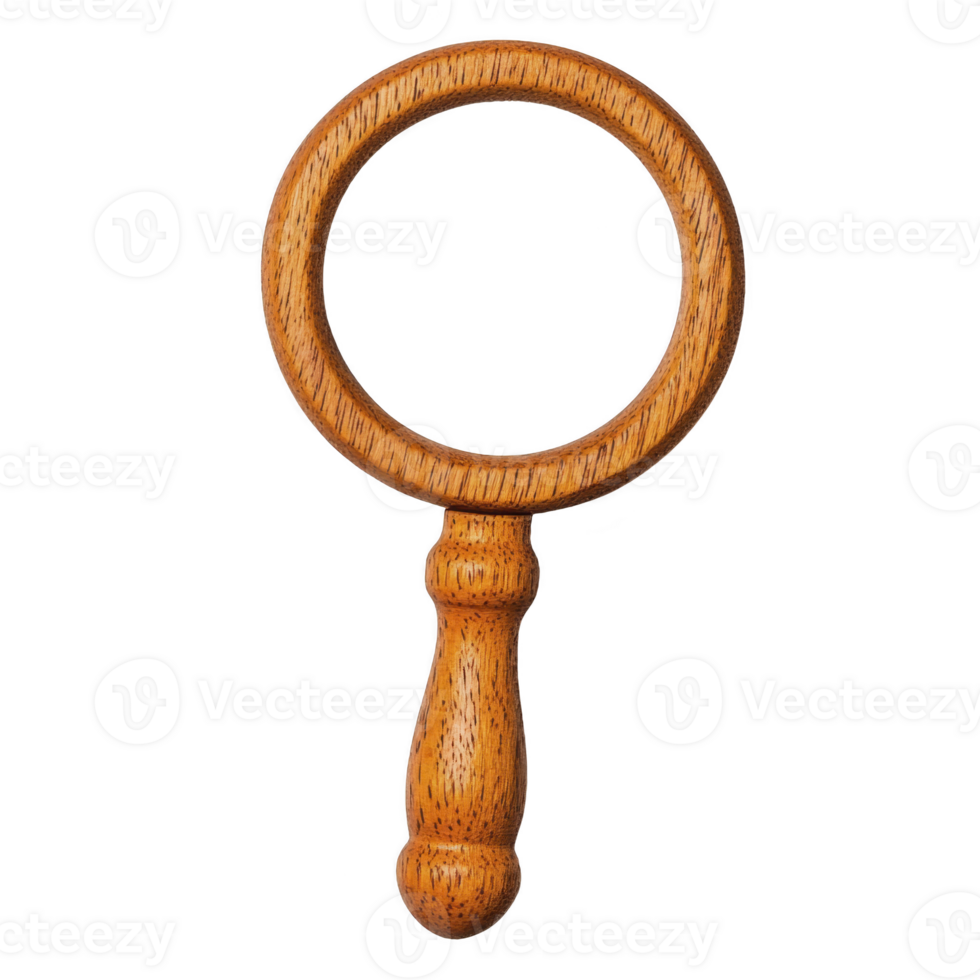 Wooden magnifying glass with smooth handle and circular frame, showcasing natural wood grain texture. design is simple and elegant, perfect for decorative or educational purposes png