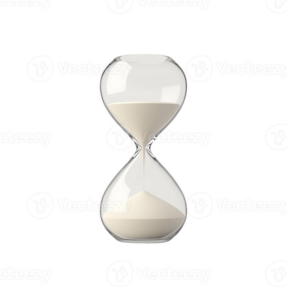 Classic hourglass with white sand elegantly flows from top chamber to bottom, symbolizing passage of time. transparent glass design adds timeless and minimalist aesthetic png